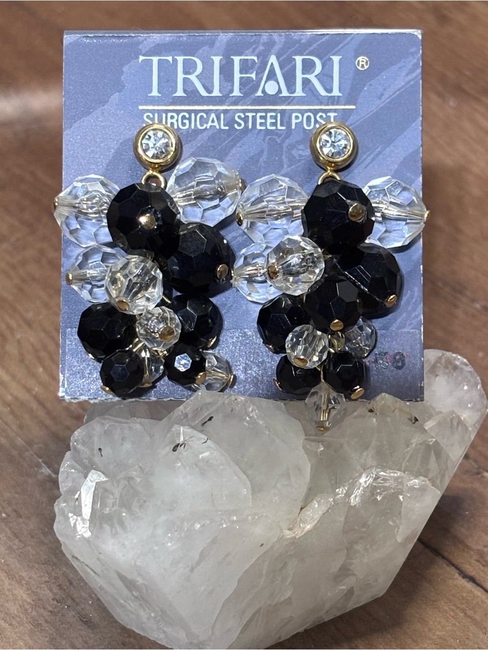 Trifari Black and Clear Cluster Drop Pierced Earrings